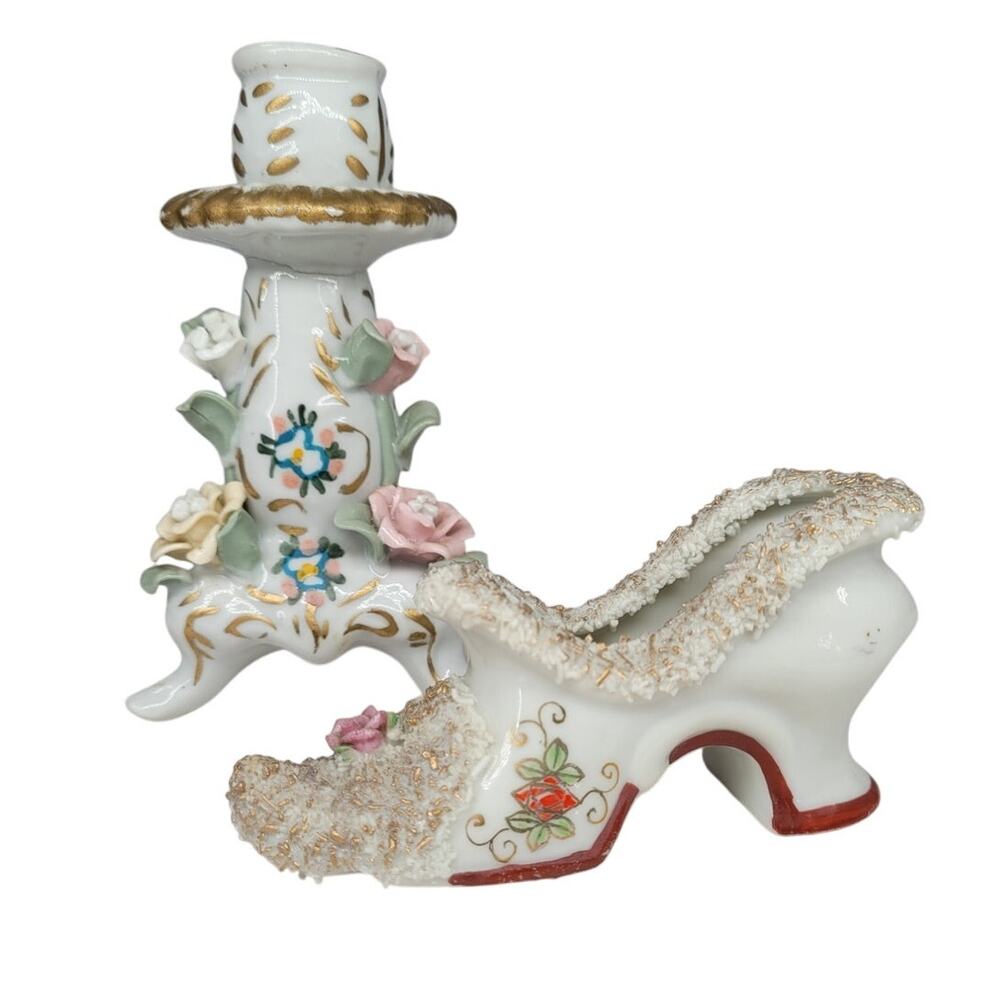 Whimsical Vintage Japan Ceramic Shoe Candlestick Floral Coquette‎ Collectible